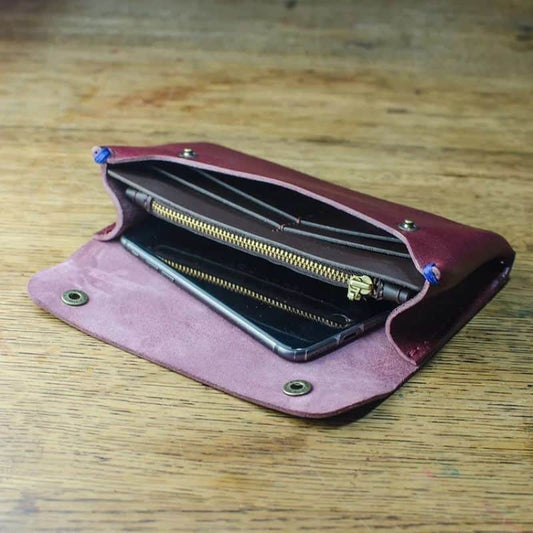 Raisin Leather Purse With Red Waxed Thread