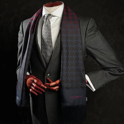 Red and Navy Ombré Houndstooth Fringed Scarf