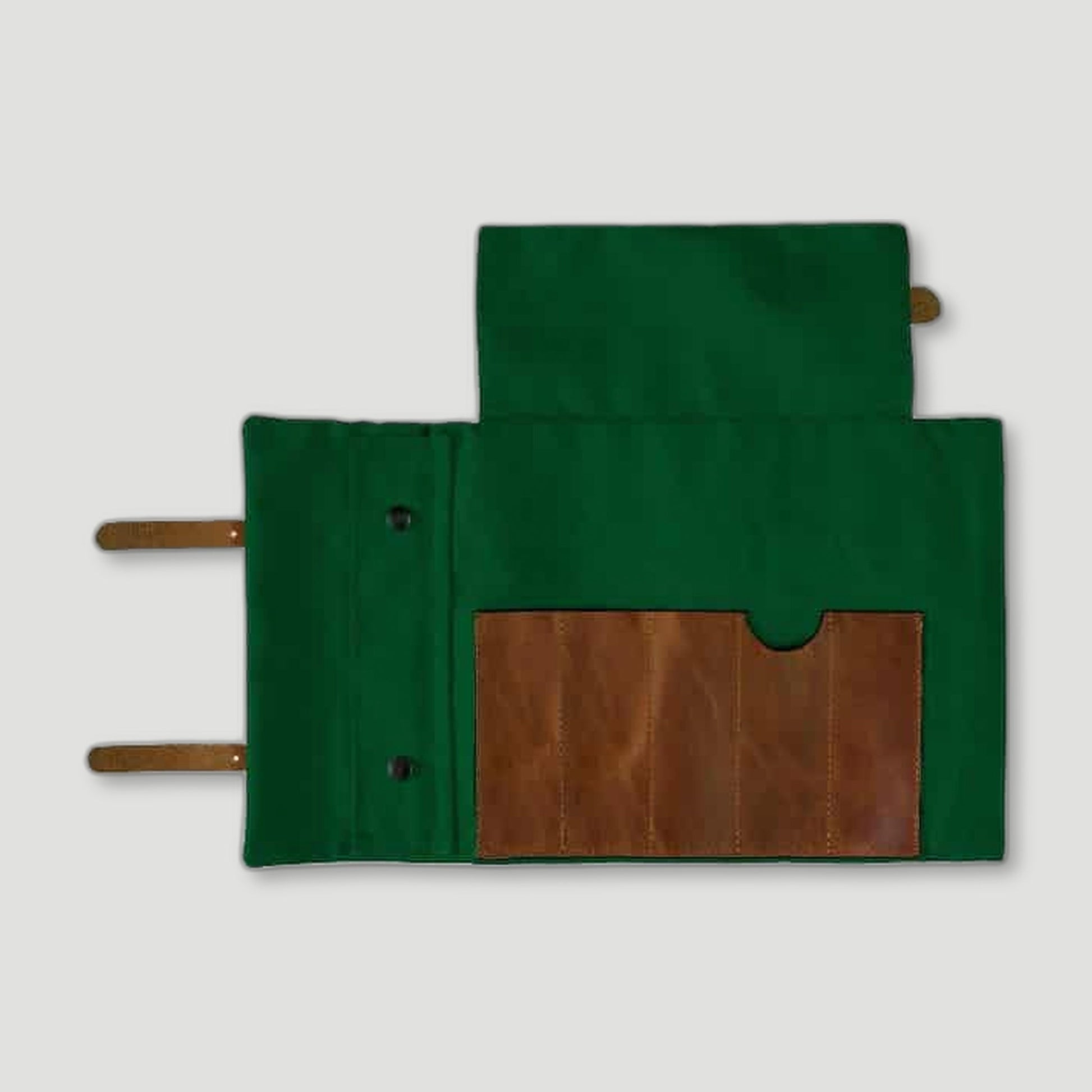 Side view of Shropshire Green Canvas & Leather Artist Roll from Risdon & Risdon - British Made Aprons