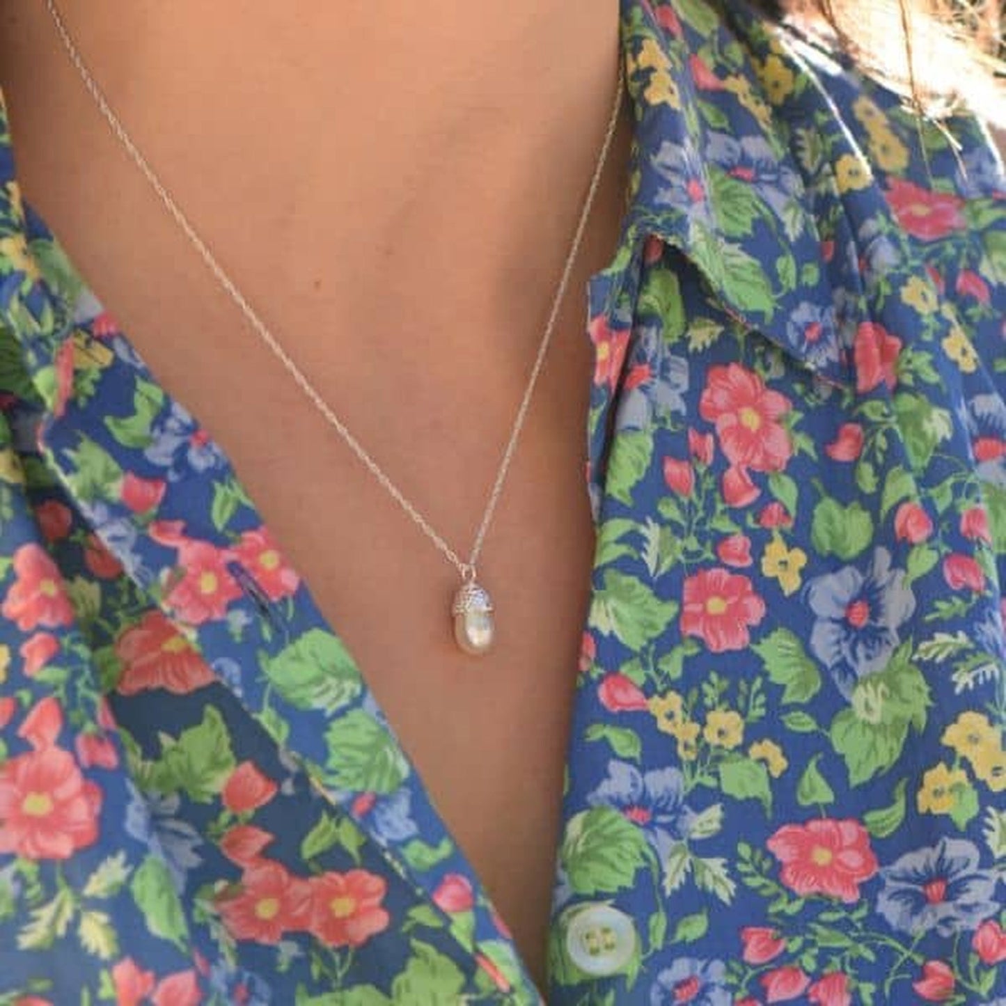 Silver Pearl Acorn Necklace