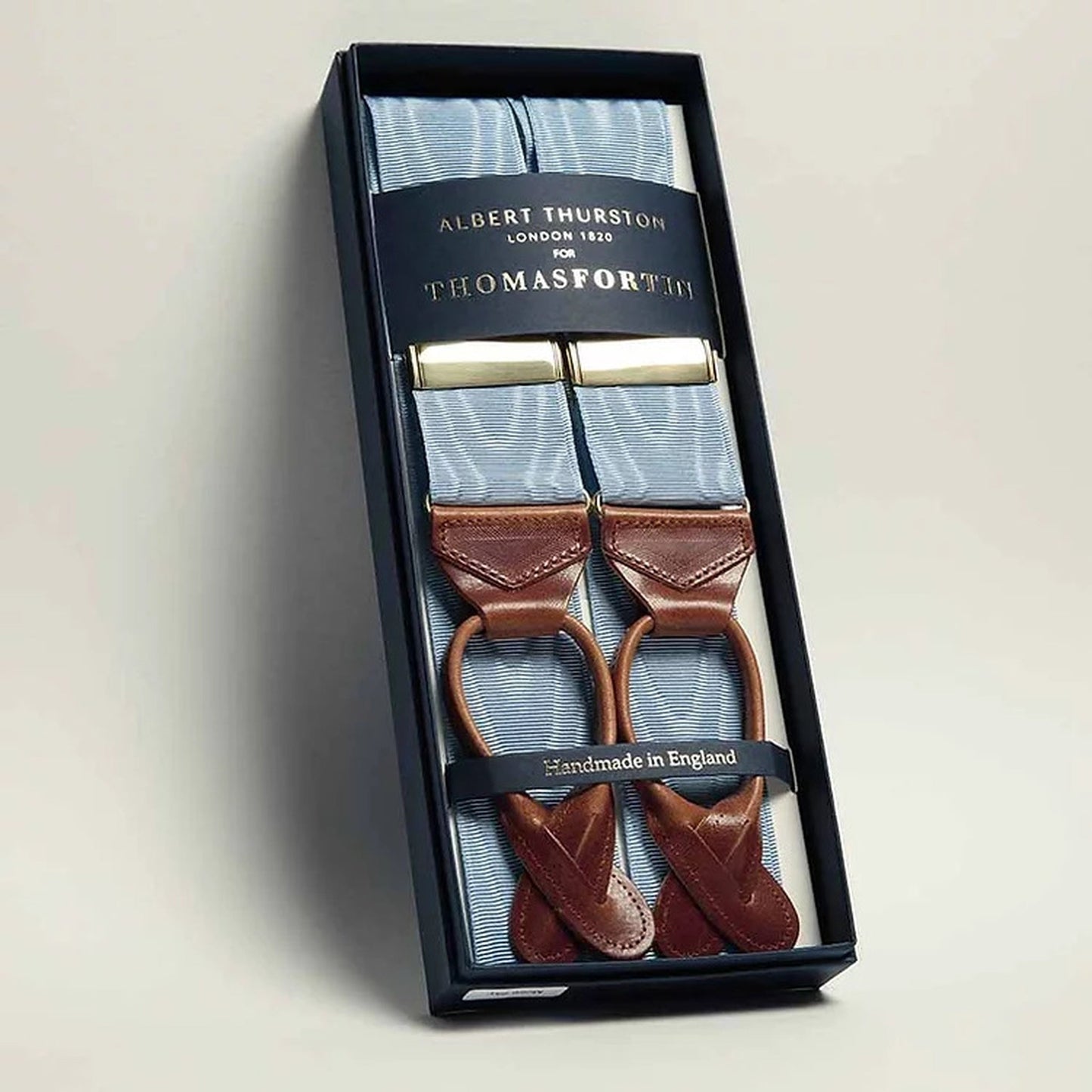 Sky Blue Moire Braces with Camel Glazed Leather