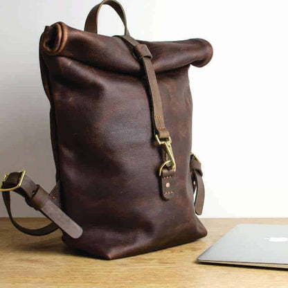 Tan Kodiak Leather Roll Top Backpack