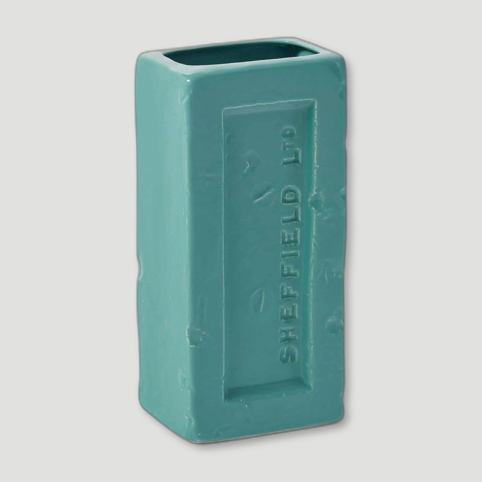 Angled view of Turquoise Sheffield Brick Vase from Stolen Form - British Made Vases & Homeware