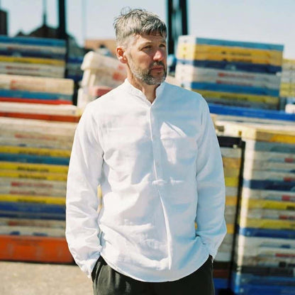 White Cotton 'Admiralty' Grandad Collar Shirt