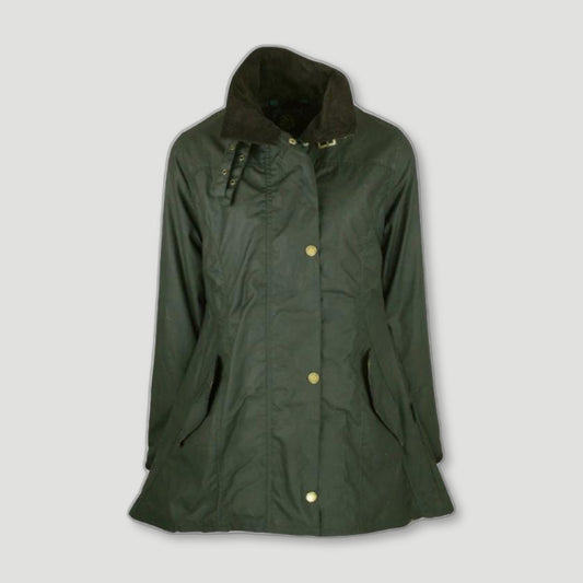 Front view of Women's Olivia Waxed Jacket - Green from Oxford Blue - British Made Waxed Jackets
