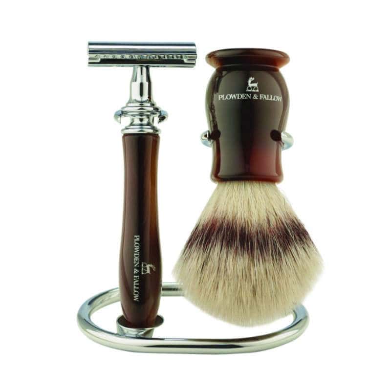 LUDLOW SAFETY RAZOR SHAVING SET FAUX LIGHT HORN